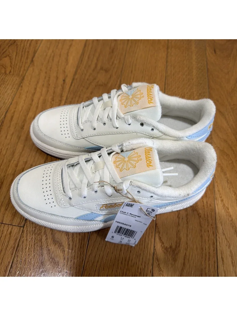 Size 6 US women’s Reebok Club C Revenge Sneakers White Light Blue Gold Leather